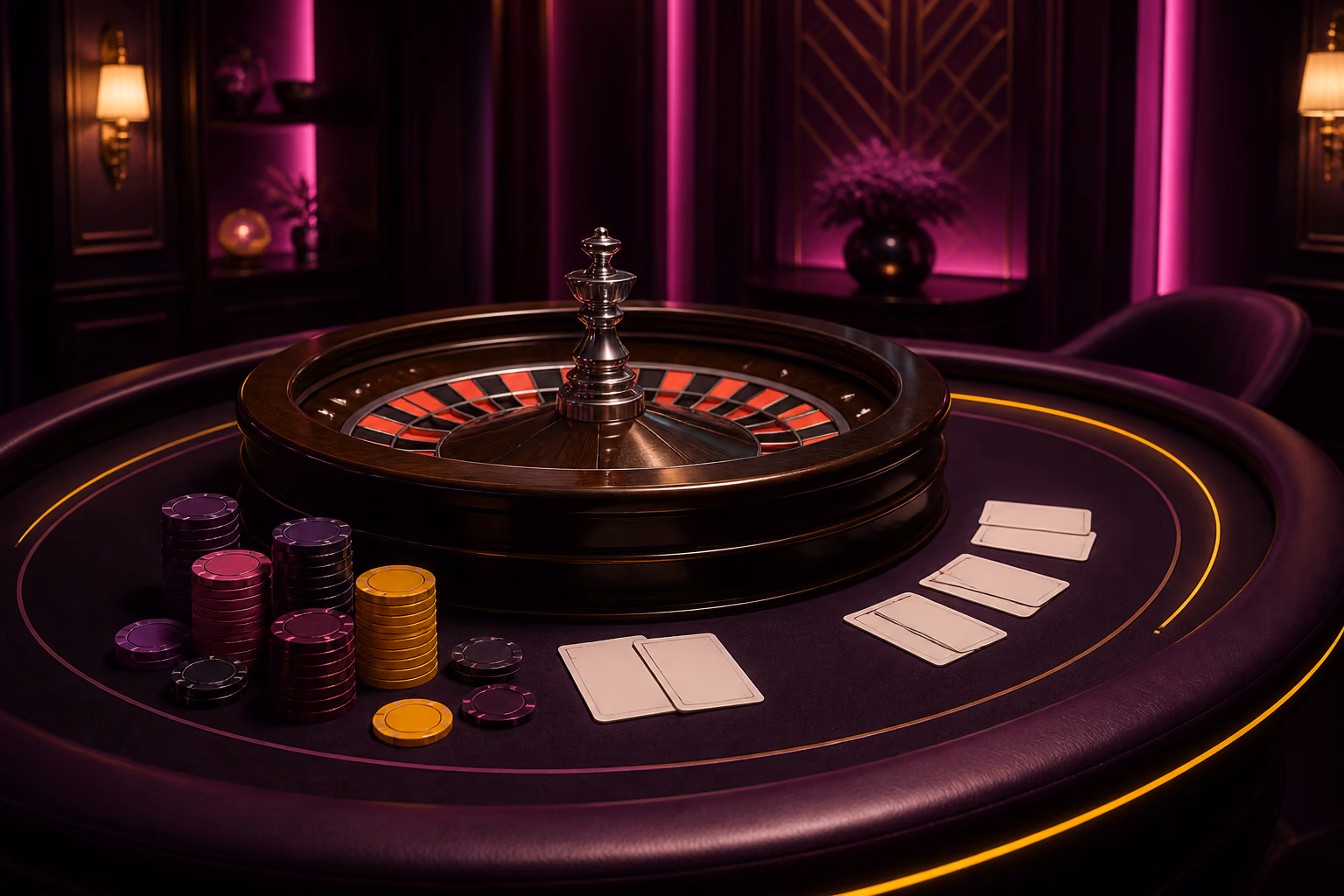 Live casino table with cards and roulette